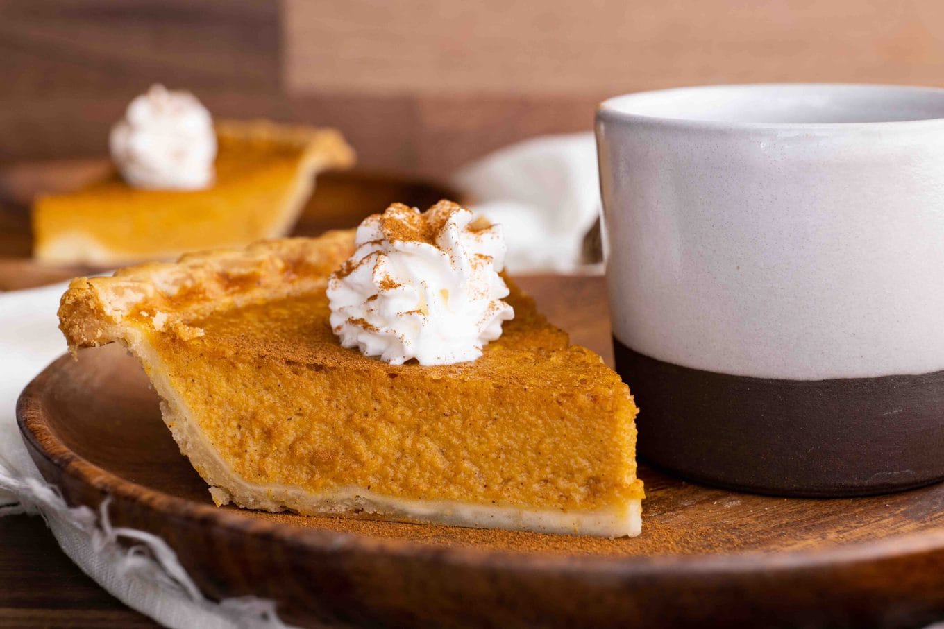 Pumpkin Pie Slice with coffee on plate