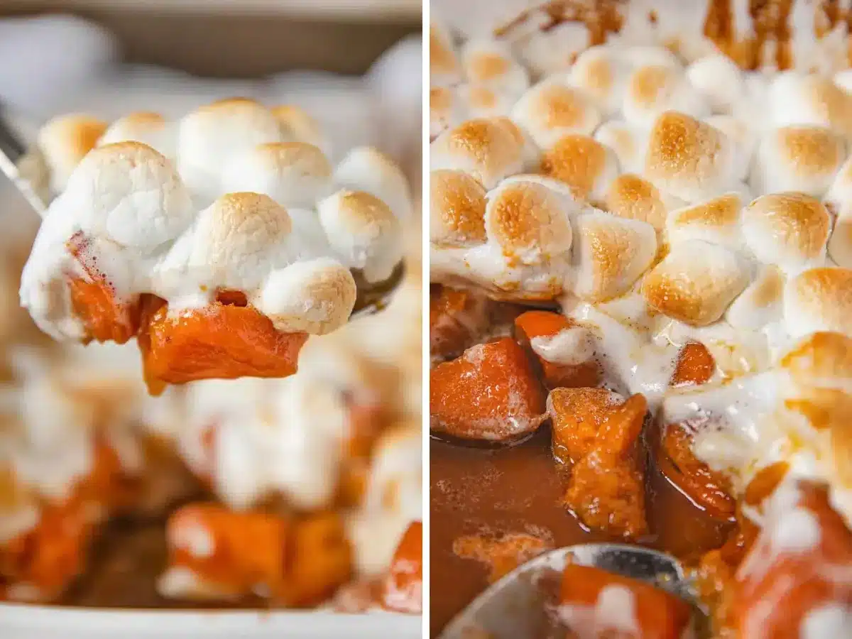 Collage of side with a scope closeup and closeup of baking dish
