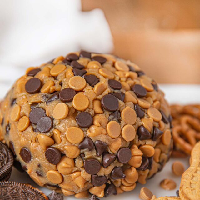 Chocolate Peanut Butter Cheese Ball Dessert on board with crackers and cookies