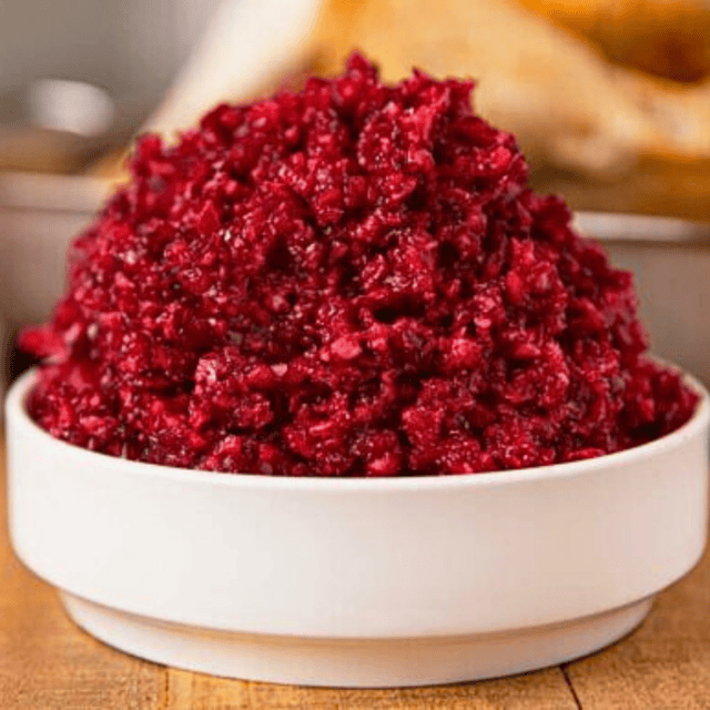 Red relish in white bowl