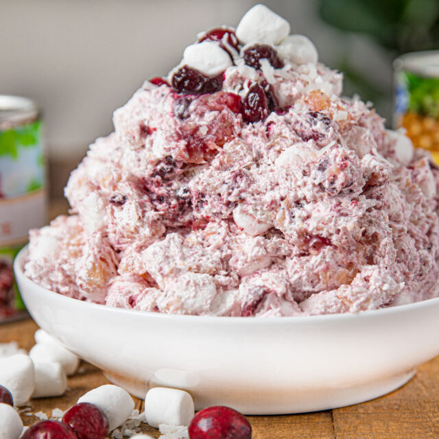 Creamy Cranberry Salad with Canned Cranberries in white bowl