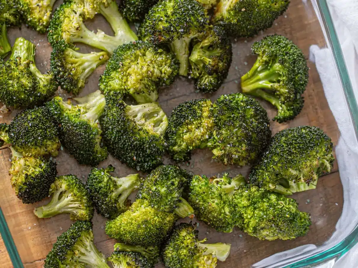 Baking dish at angle showing veggie