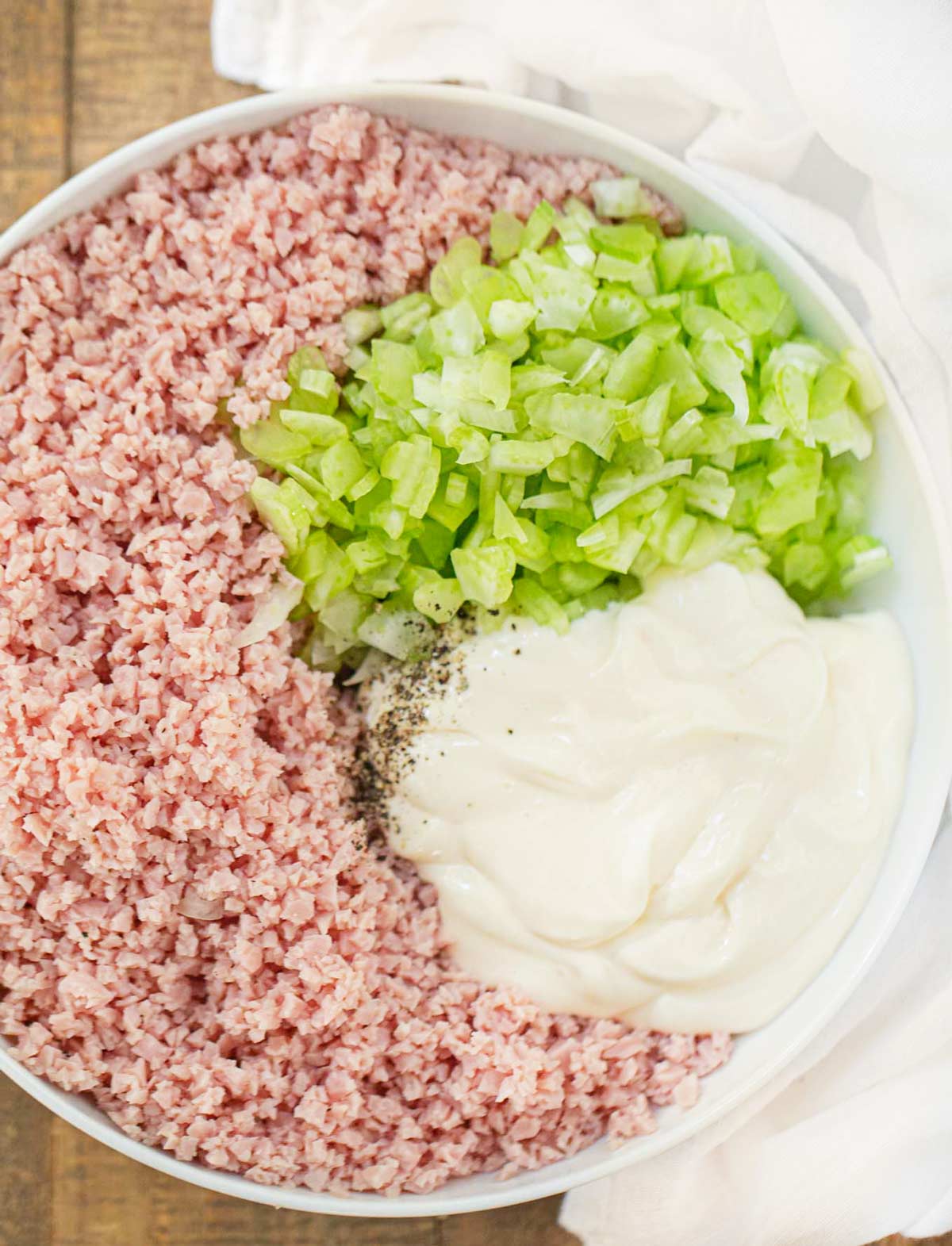 Ham Salad ingredients in white bowl