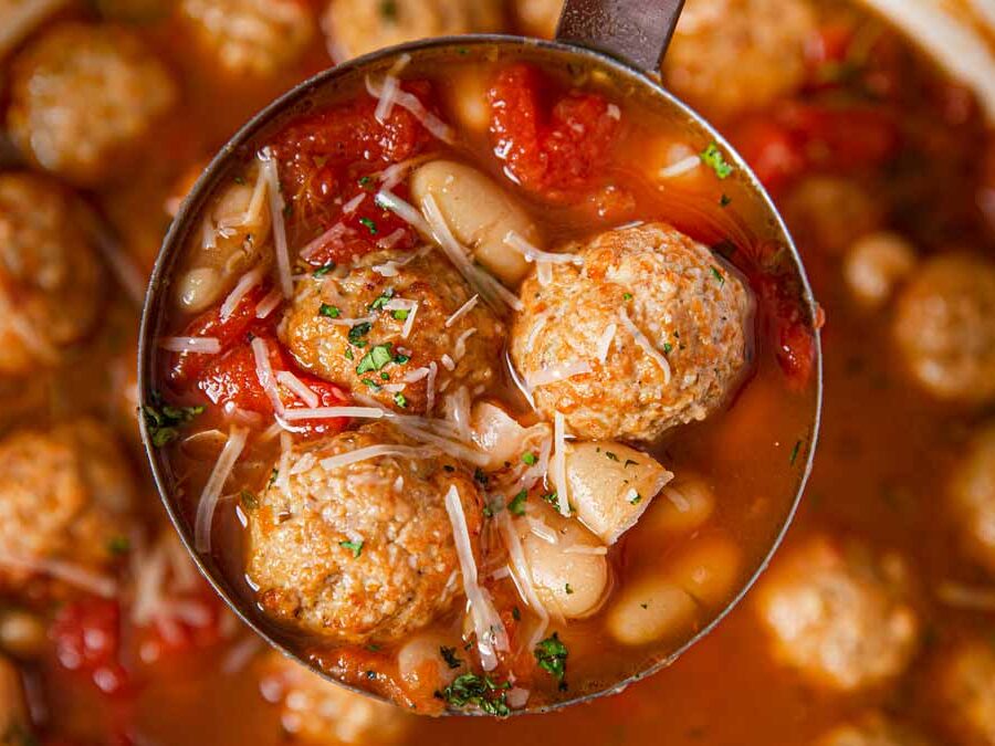 Italian Meatball Soup with ladle full