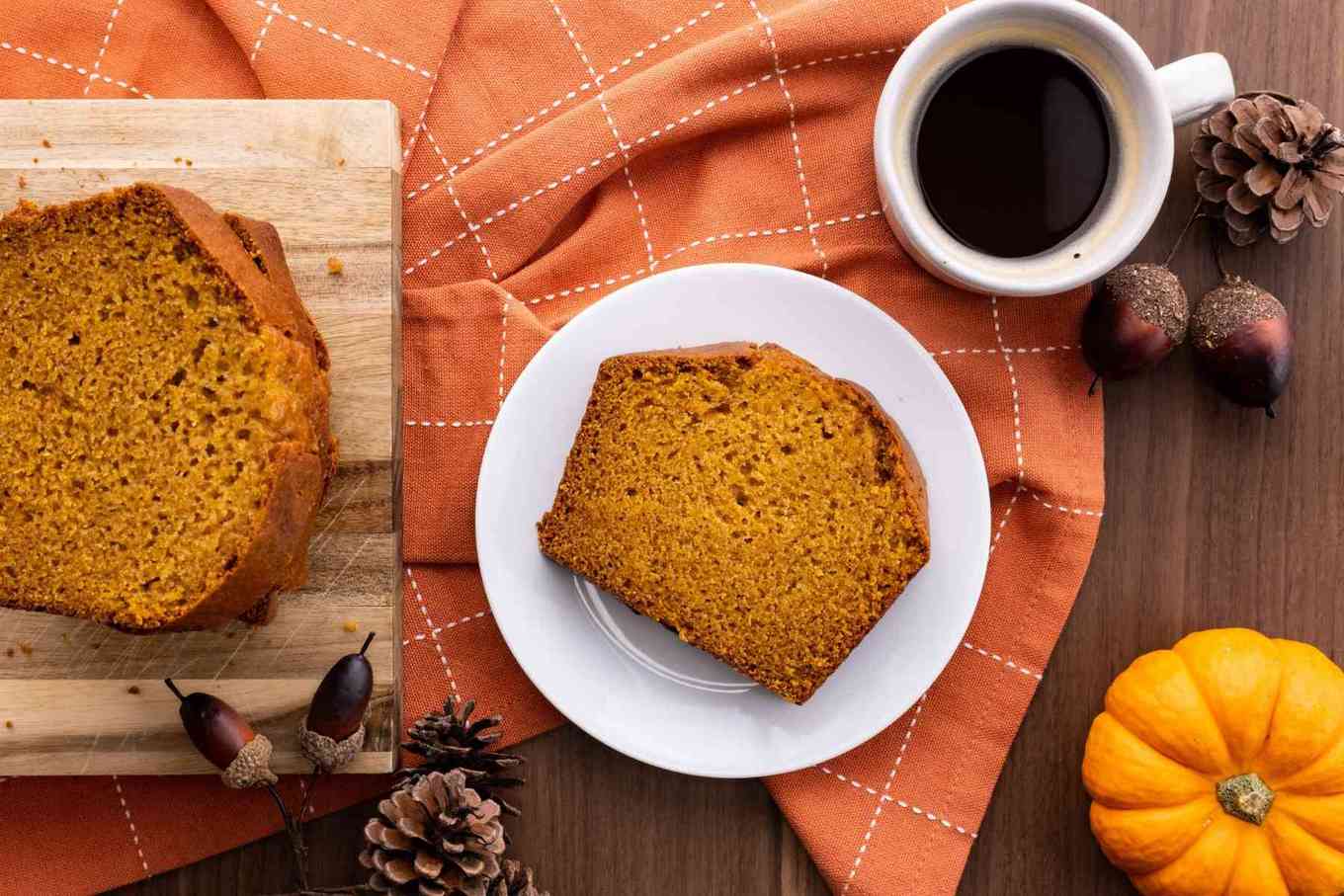 Pumpkin Bread on plate with coffee cup