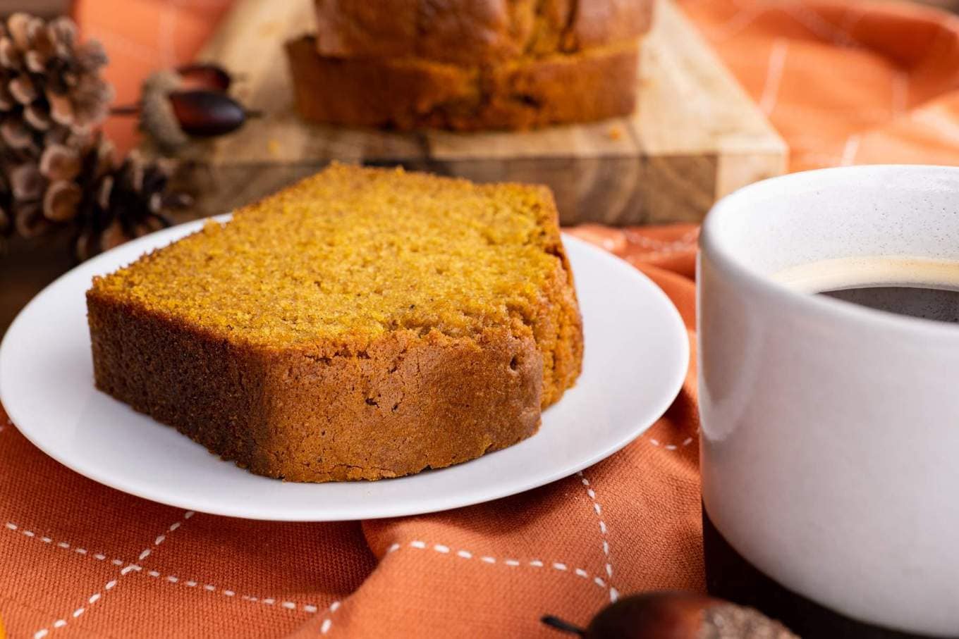 Pumpkin Bread on plate with coffee cup