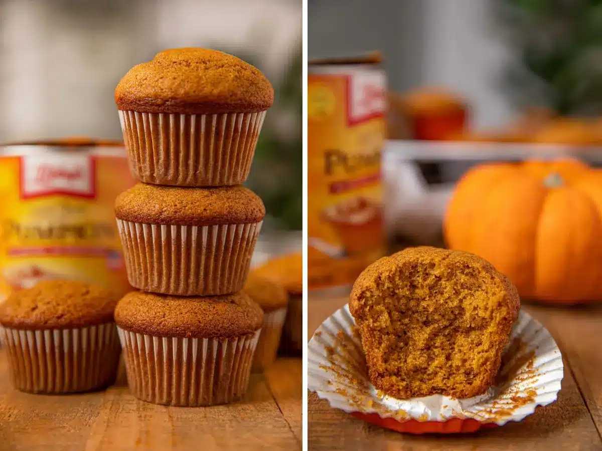 Collage of muffins stacked and half eaten