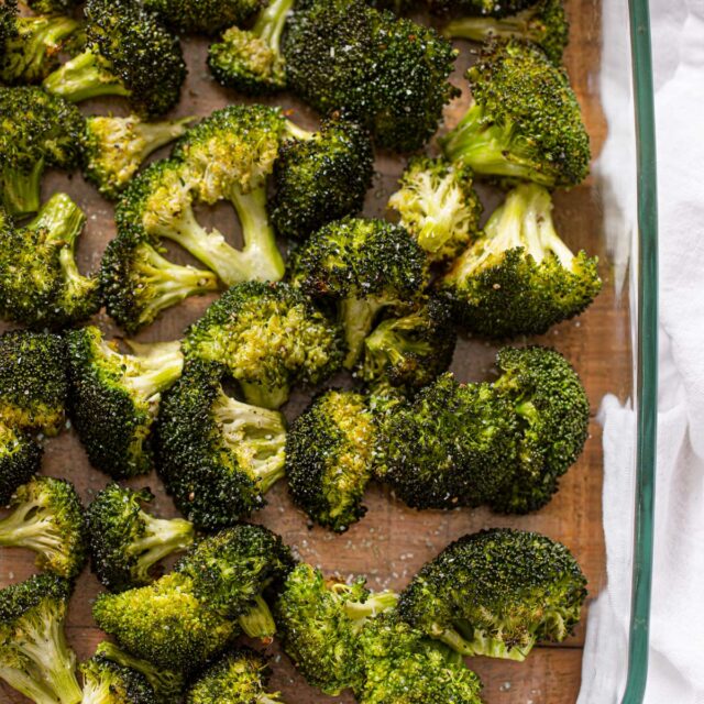 Roasted Broccoli in glass baking dish