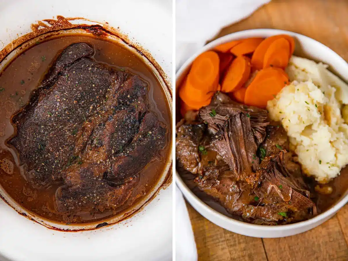 roast in slow cooker and roast with potatoes and carrots collage