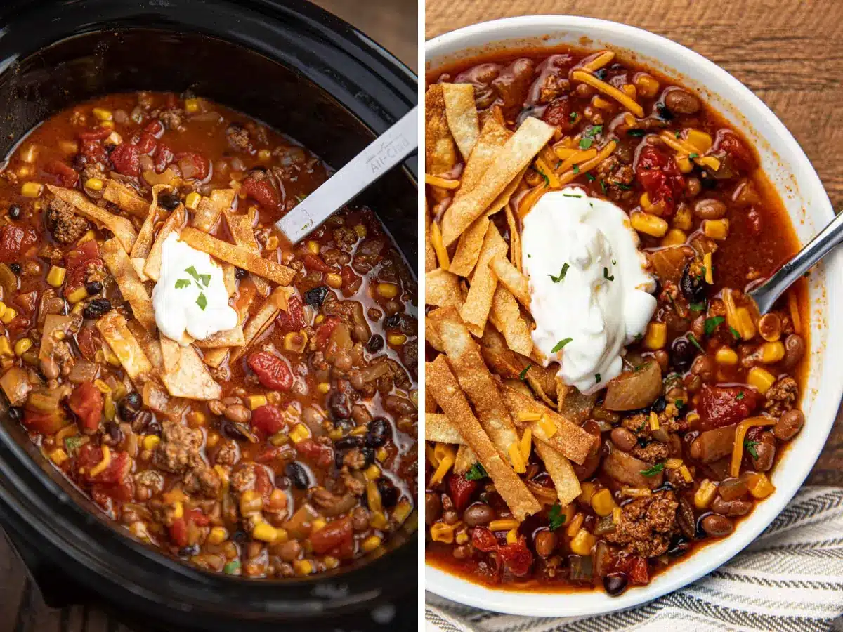 collage of soup with slow cooker and bowl of soup 