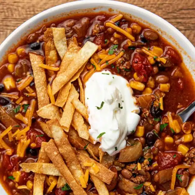 bowl of soup with tortilla strips and sour cream