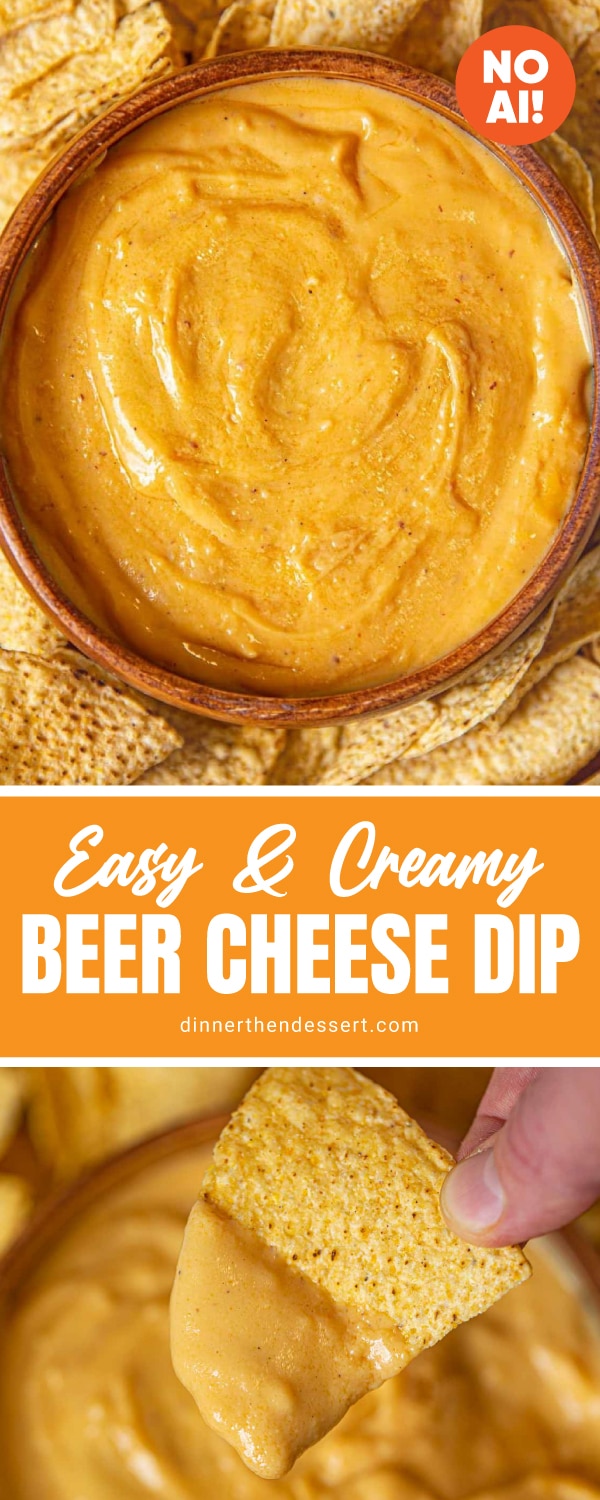 Tortilla chip being dipped in cheese sauce pin image
