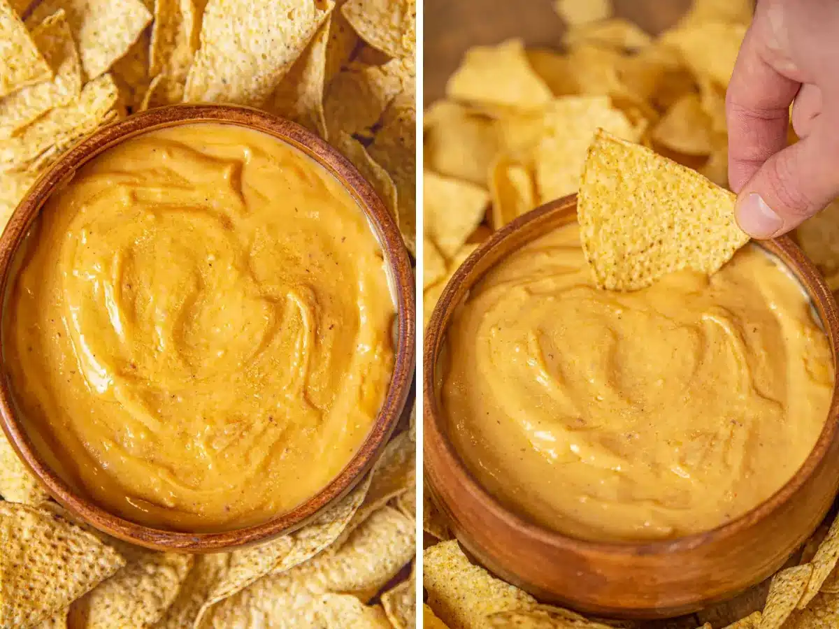 dip with chips around it and hand dipping a chip in collage