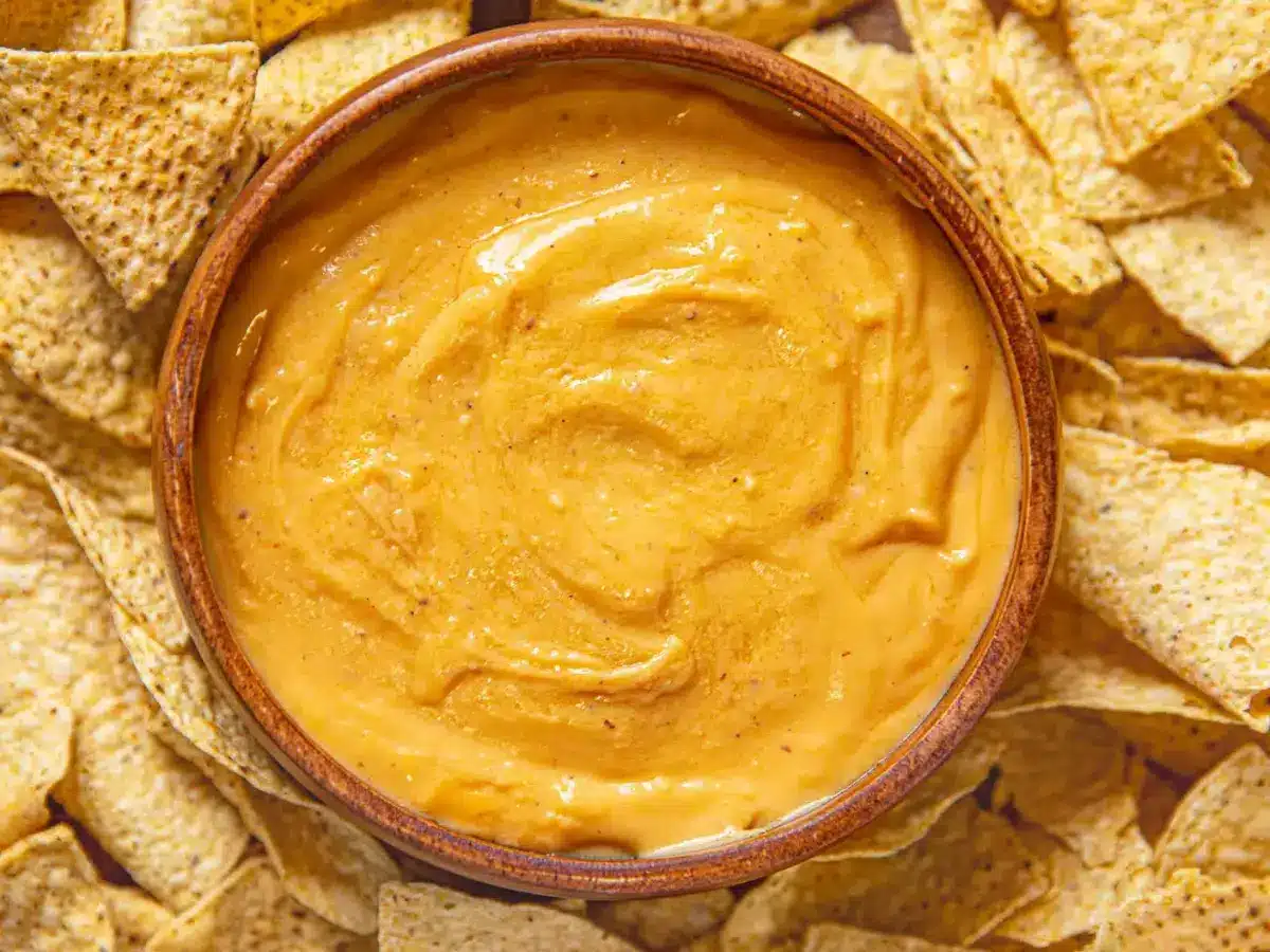 Cheese dip surrounded by chips