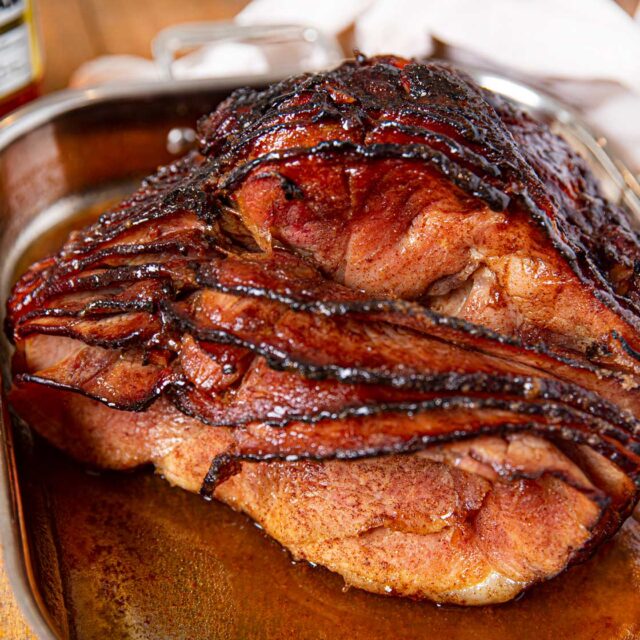 Bourbon Glazed Ham in roasting pan
