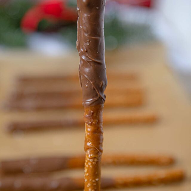 Chocolate Covered Pretzel Rods with Caramel and Sea Salt