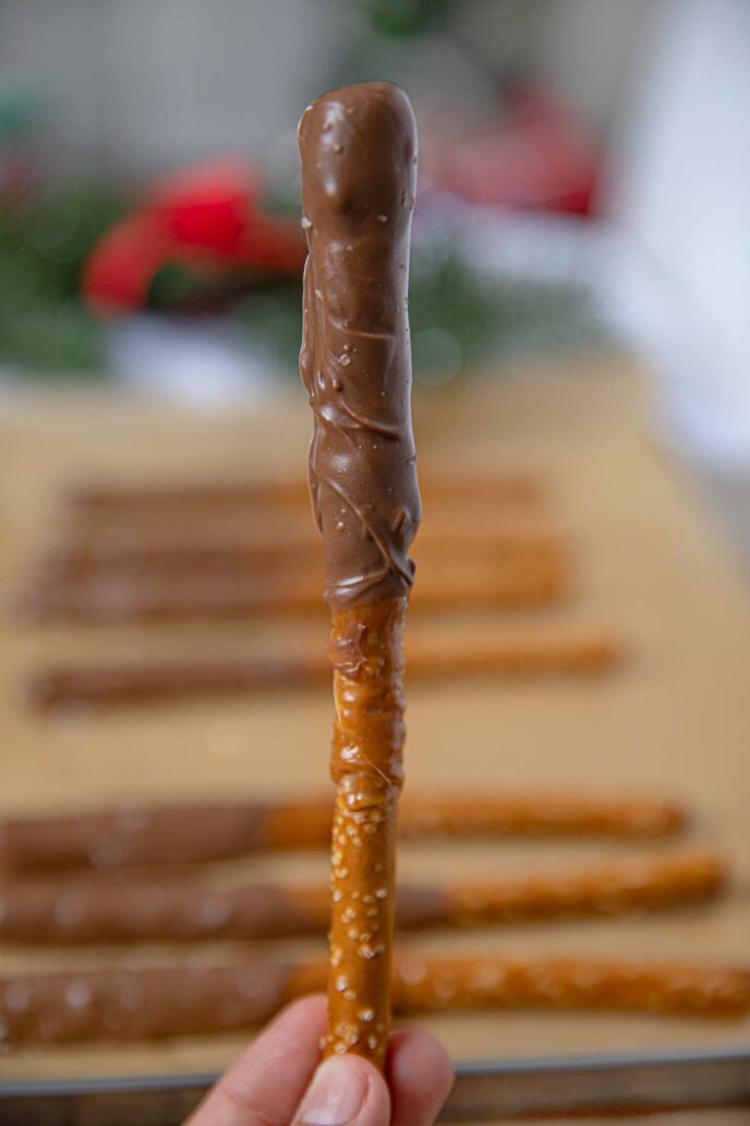 Chocolate Covered Pretzel Rods with Caramel and Sea Salt