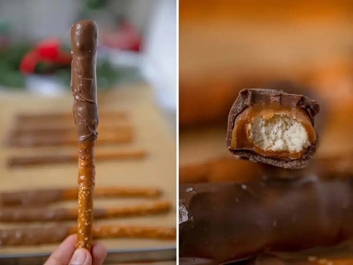 collage of hand holding pretzel stick and the inside of pretzel stick after bite has been taken out