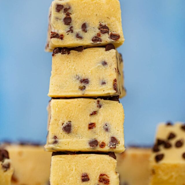 Chocolate Chip Cookie Dough Fudge in a stack