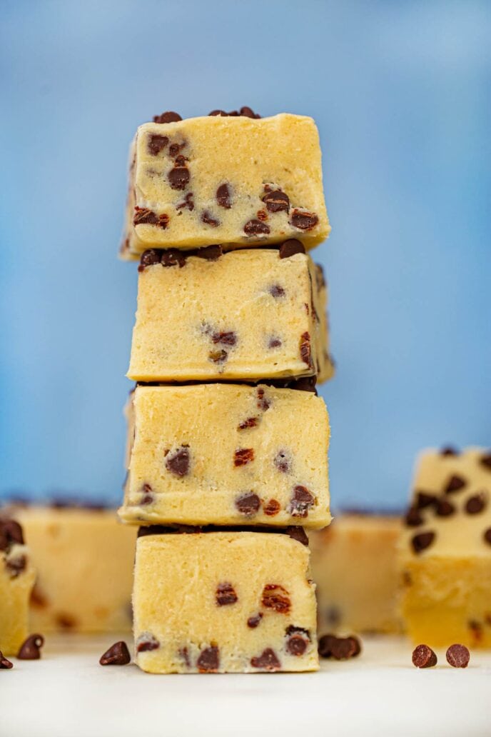 Chocolate Chip Cookie Dough Fudge in a stack