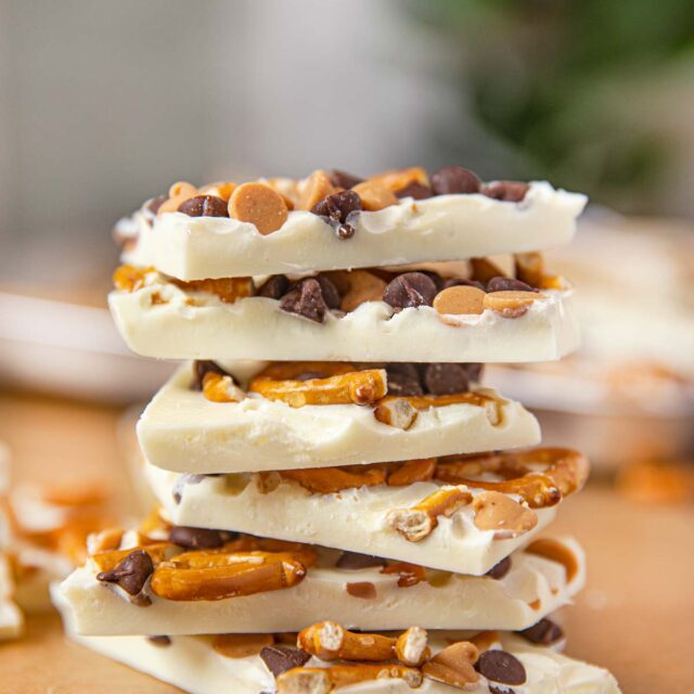 White Chocolate Bark with peanut butter, chocolate chips and pretzels