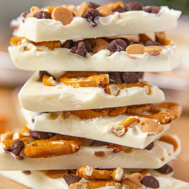 White Chocolate Bark with peanut butter, chocolate chips and pretzels