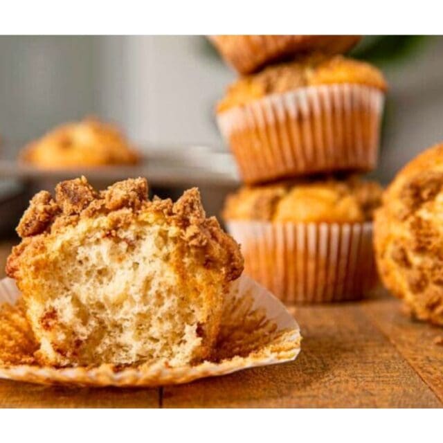 White muffin with warm cinnamon crumble topping