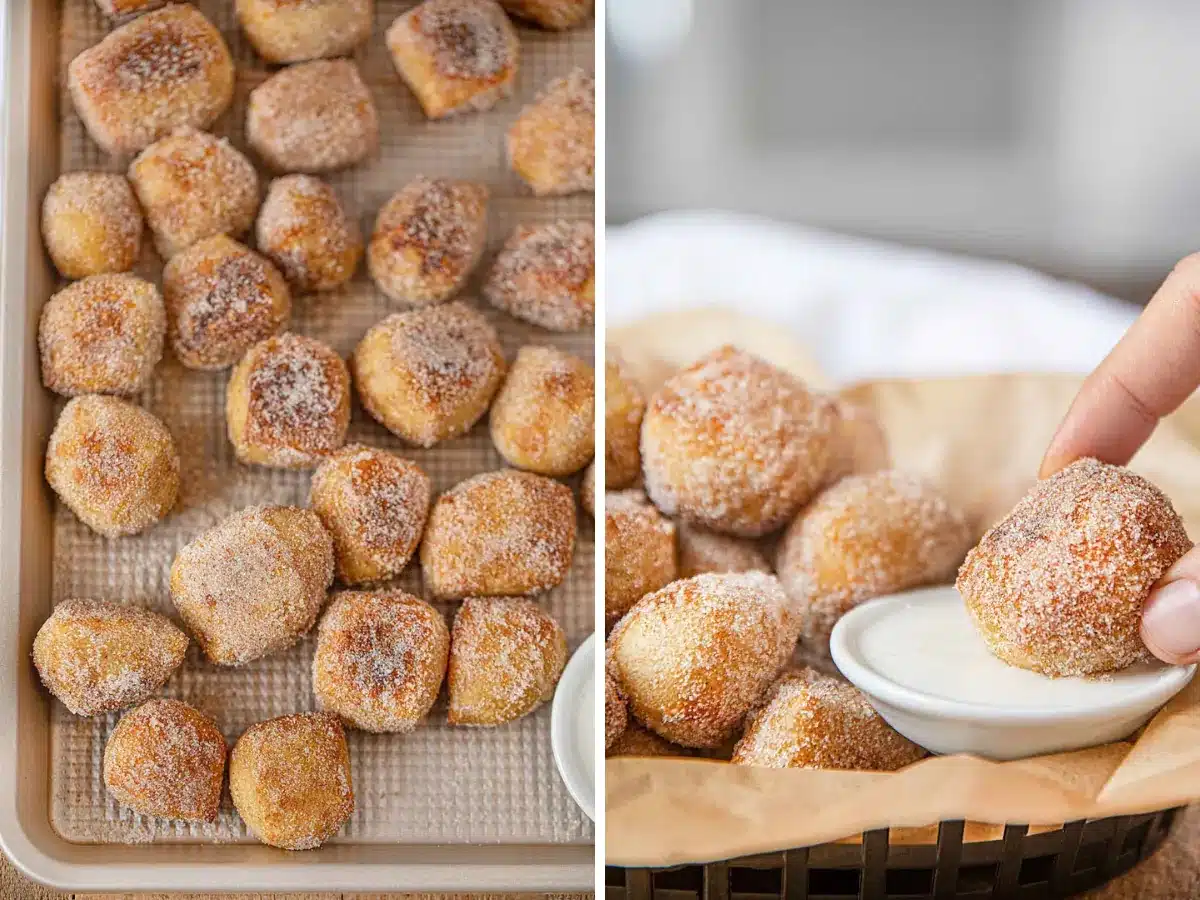 bites on a tray and dipping in a sauce collage 