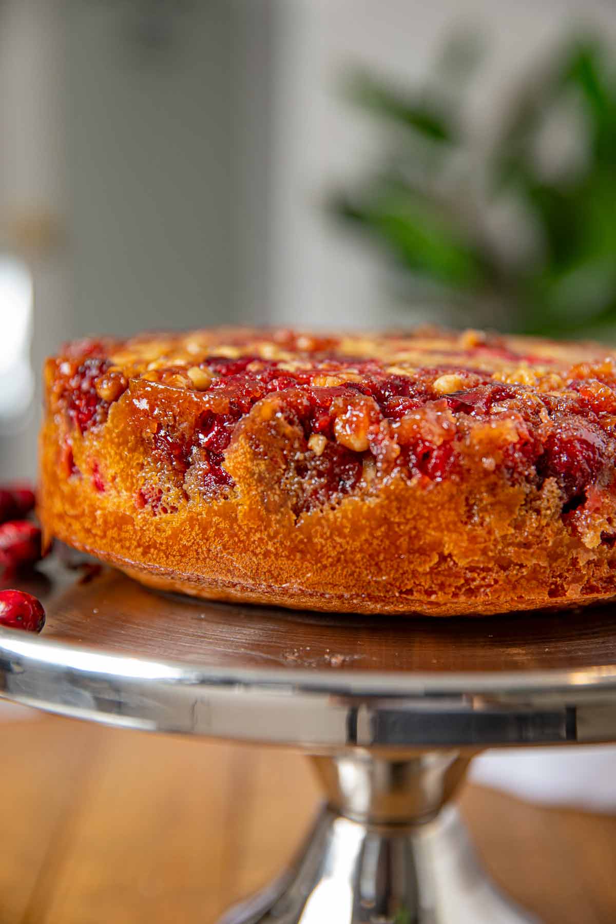 Cranberry Upside Down Coffee Cake on stand