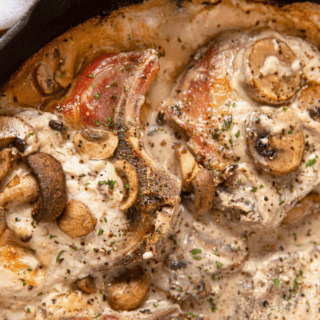 savory mushrooms and seared loin in a pan