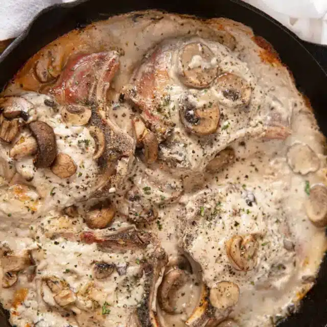 Top view of cooked meat in sauce with vegetable on top