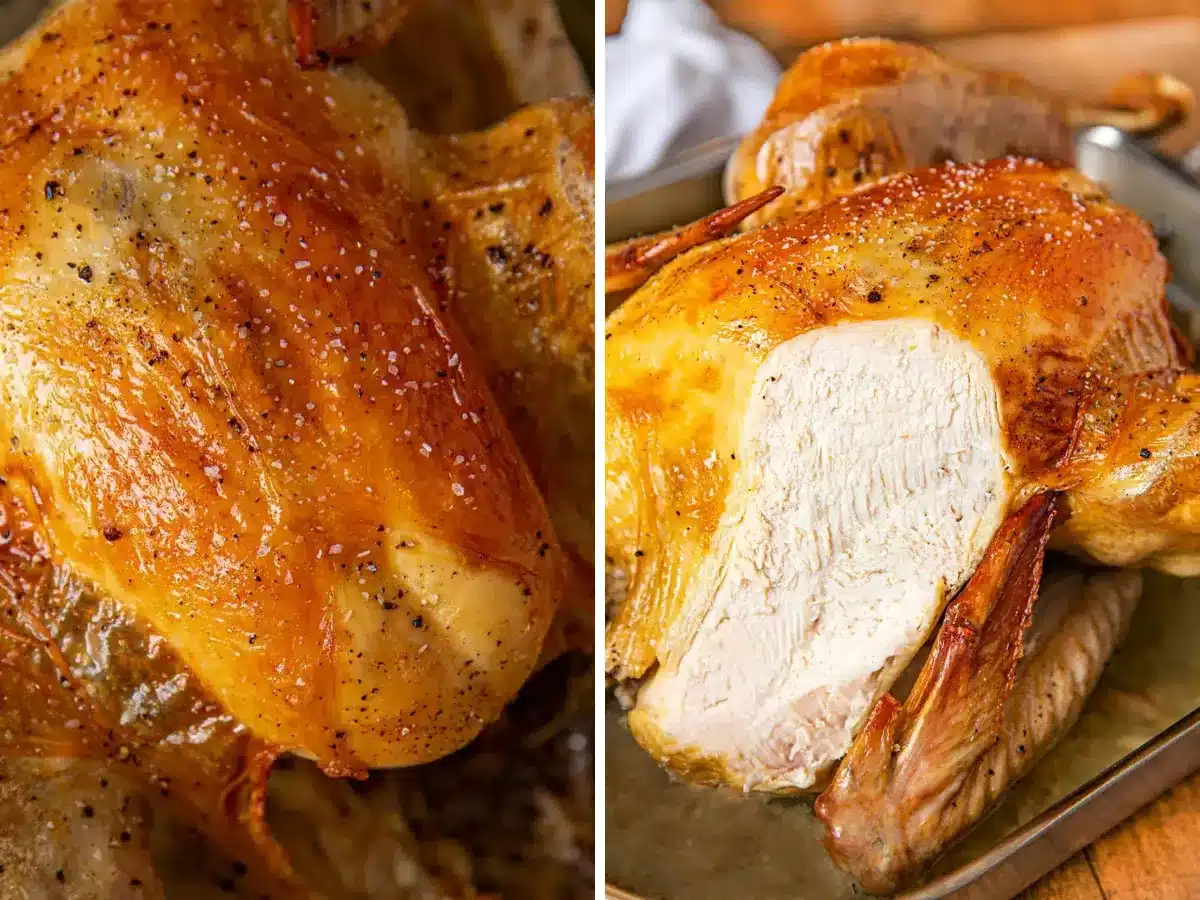 Collage of turkey before and after its been sliced