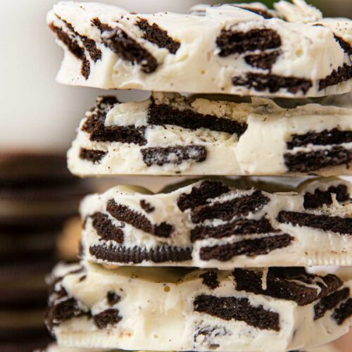 Oreo White Chocolate Bark in a stack