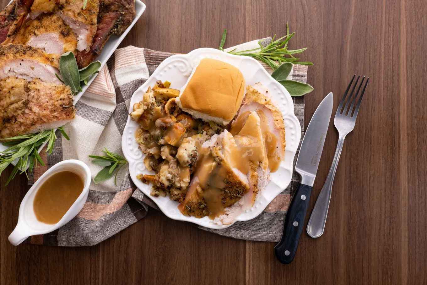Overnight Turkey on plate with stuffing and gravy
