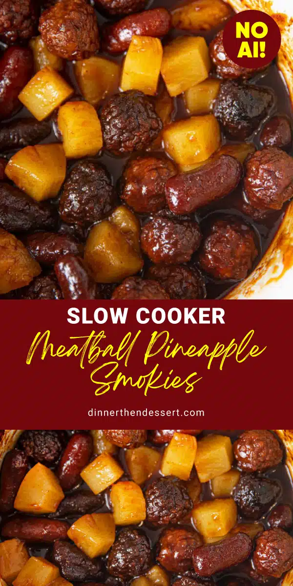 Meatballs, smokies and pineapple chunks in a rich sauce