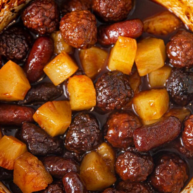 Pineapple Meatballs and Smokies up close, 4x3