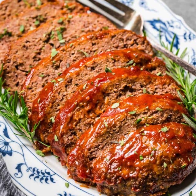 Slow Cooker Meatloaf sliced on serving platter 1x1