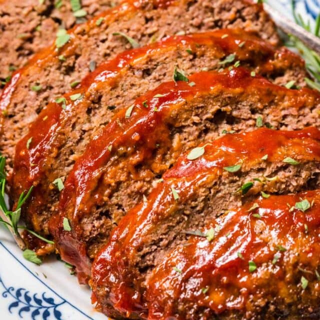 Meatloaf sliced on serving platter 4x3