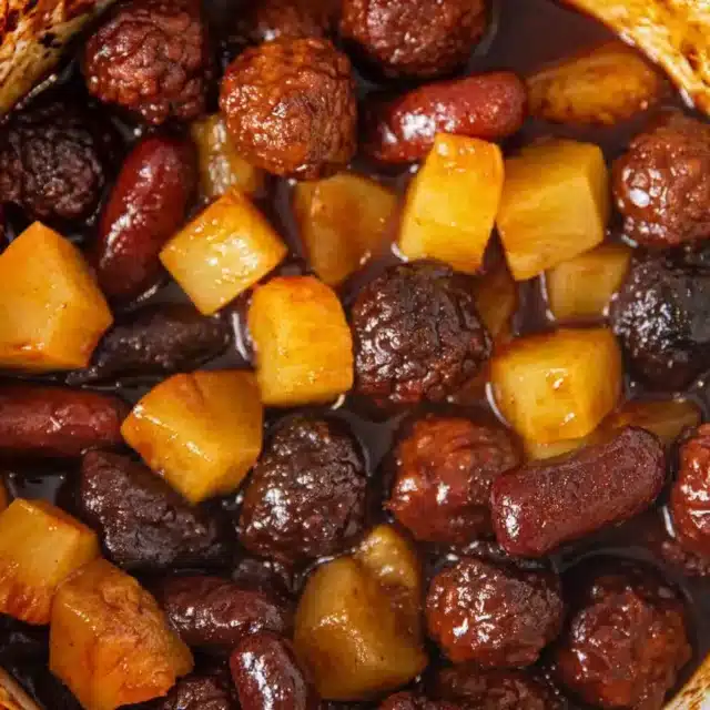 Meatballs and pineapple chunks in a dark sauce