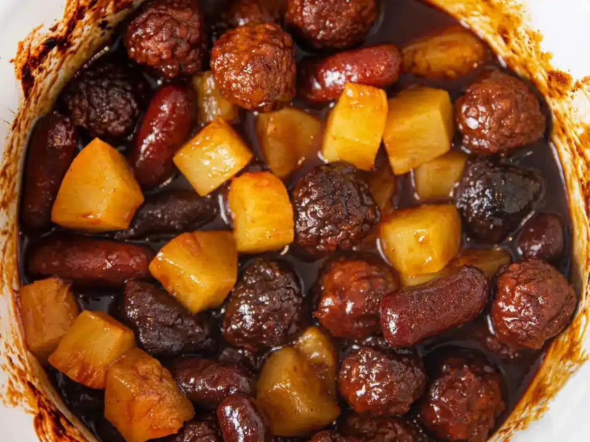Meatballs and pineapple chunks in a dark sauce
