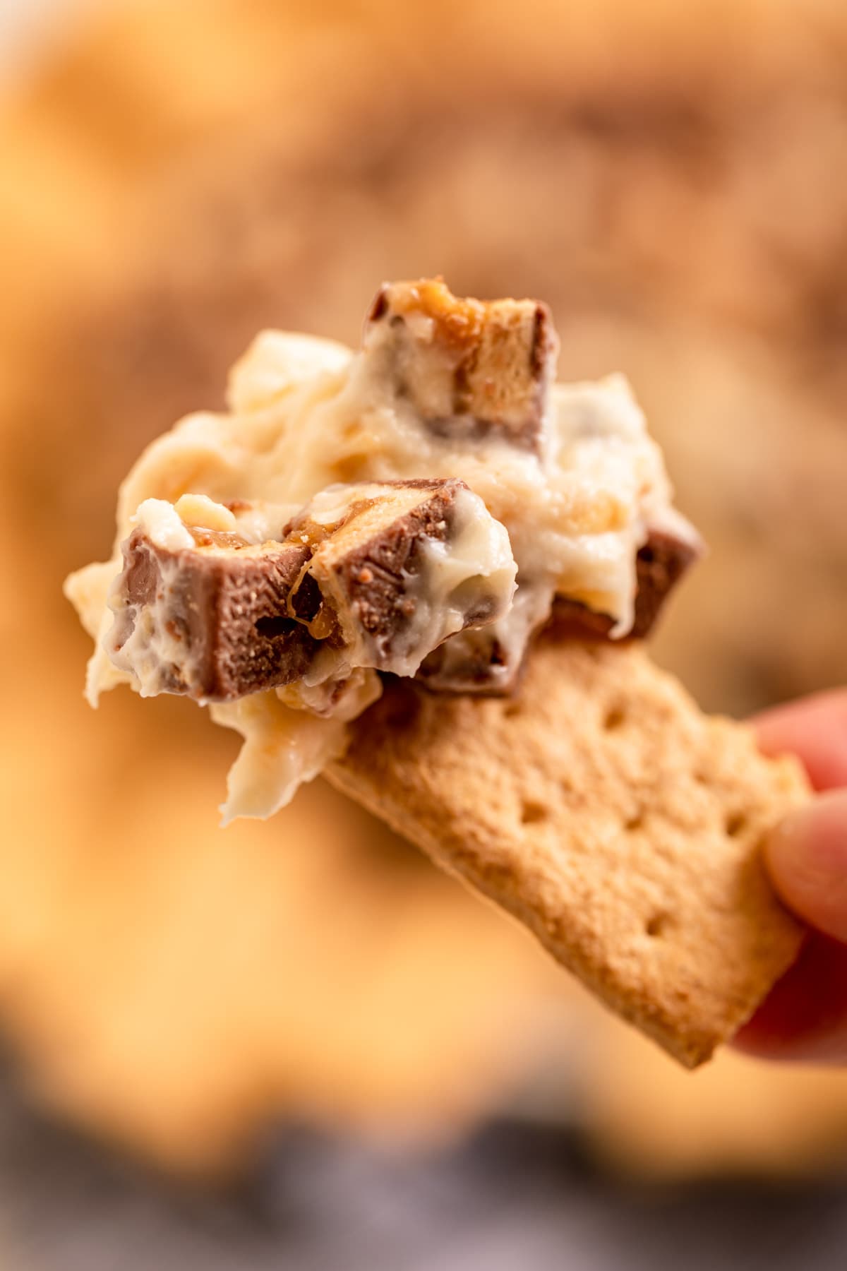 Snickers Cheeseball dipped on cracker