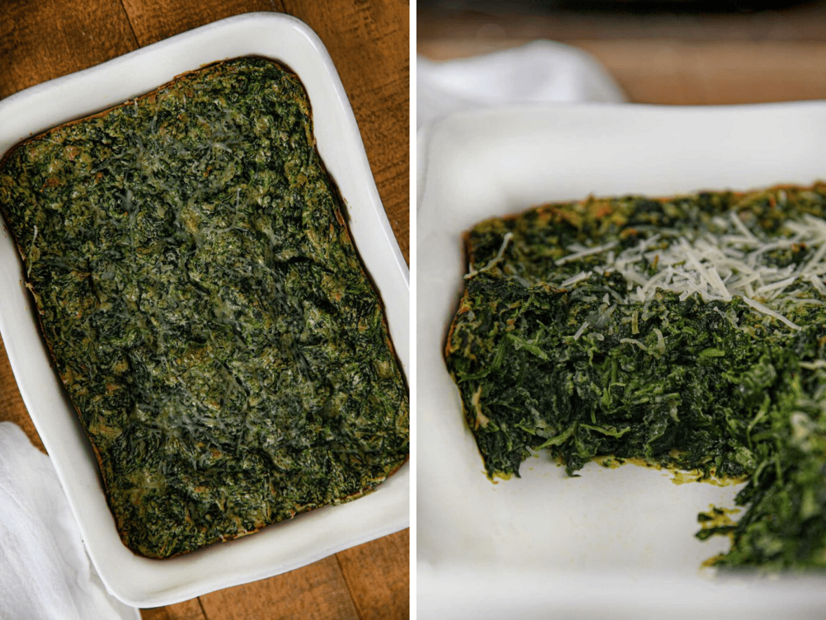 Collage of finished dish and side view of piece taken