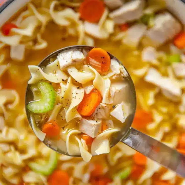 Closeup of a spoonful of cooked broth with veggies, noodles and seasoning