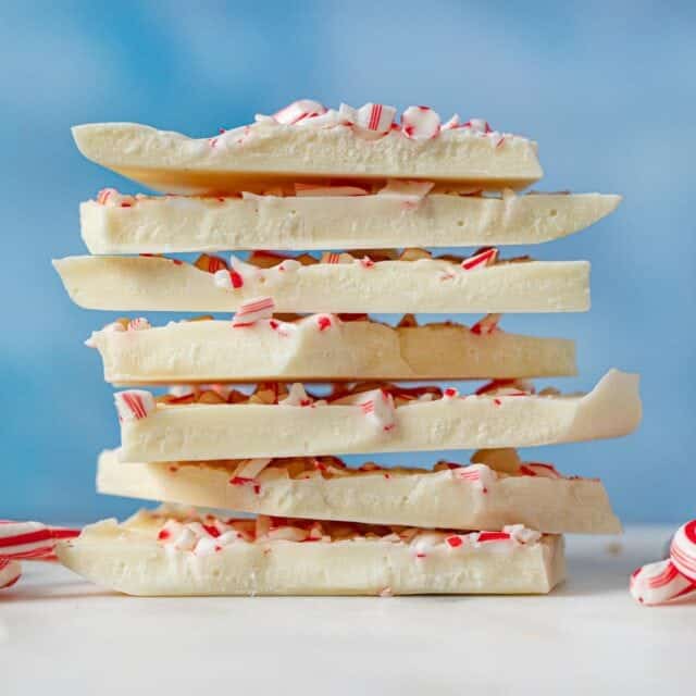 White Chocolate Candy Cane Bark pieces in stack
