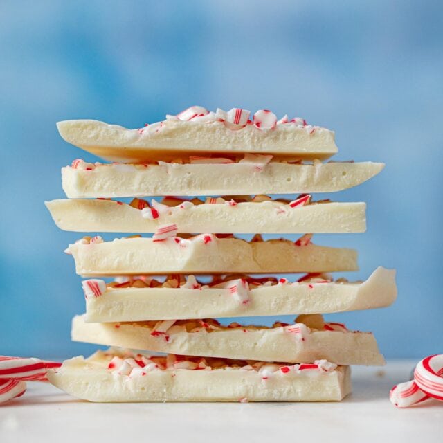 White Chocolate Candy Cane Bark pieces in stack