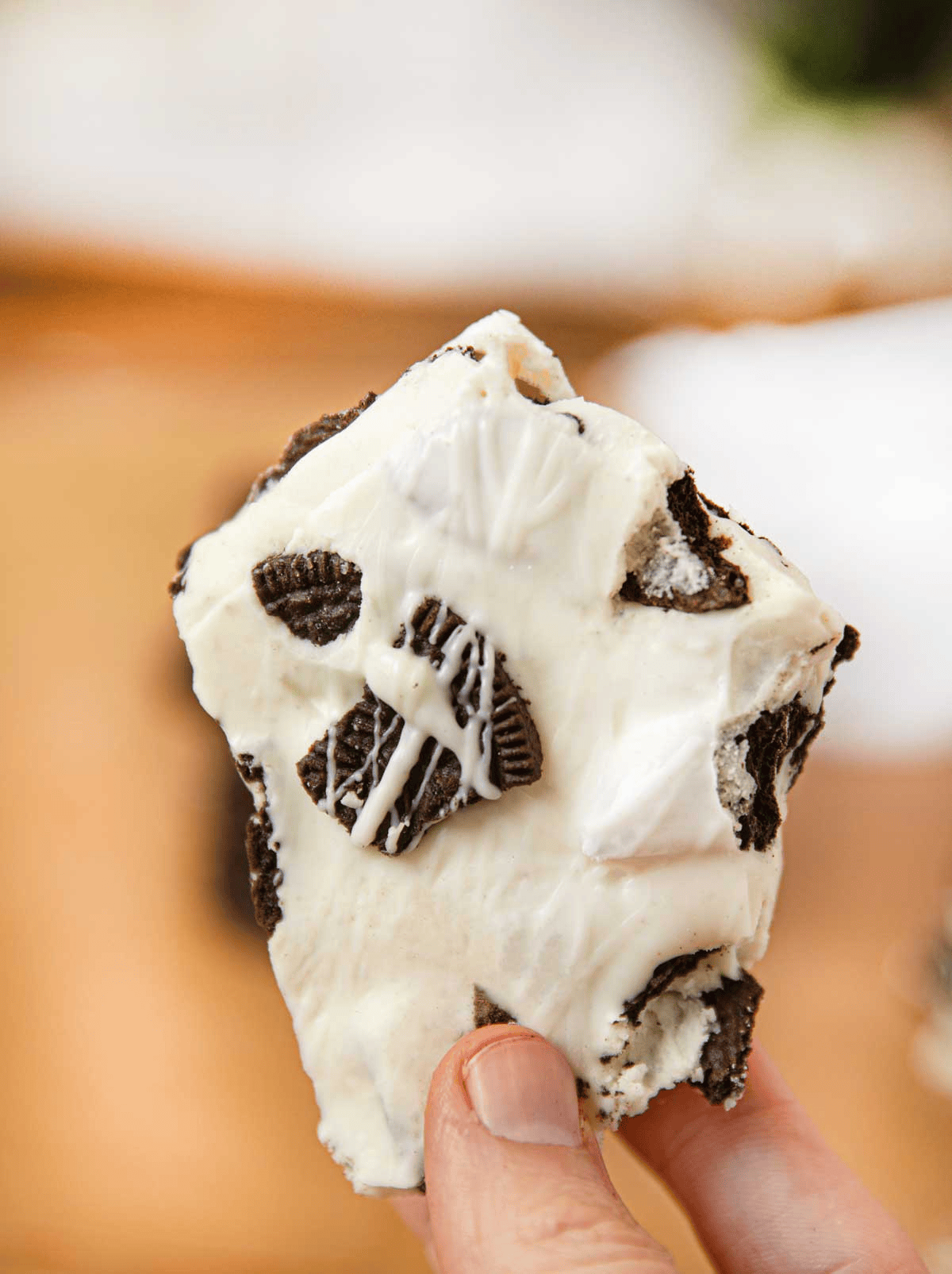 Broken piece of cookies and cream bark