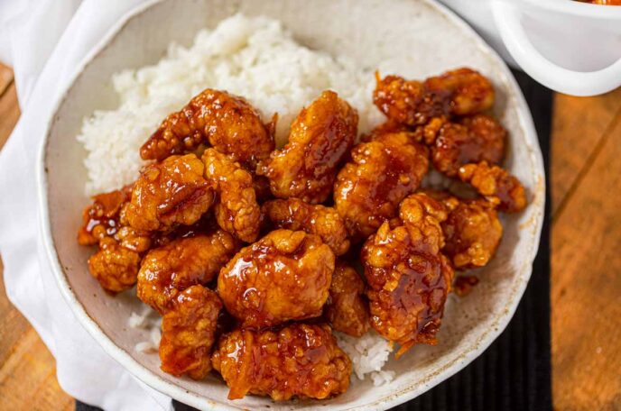 3 Ingredient Orange Chicken in bowl over rice