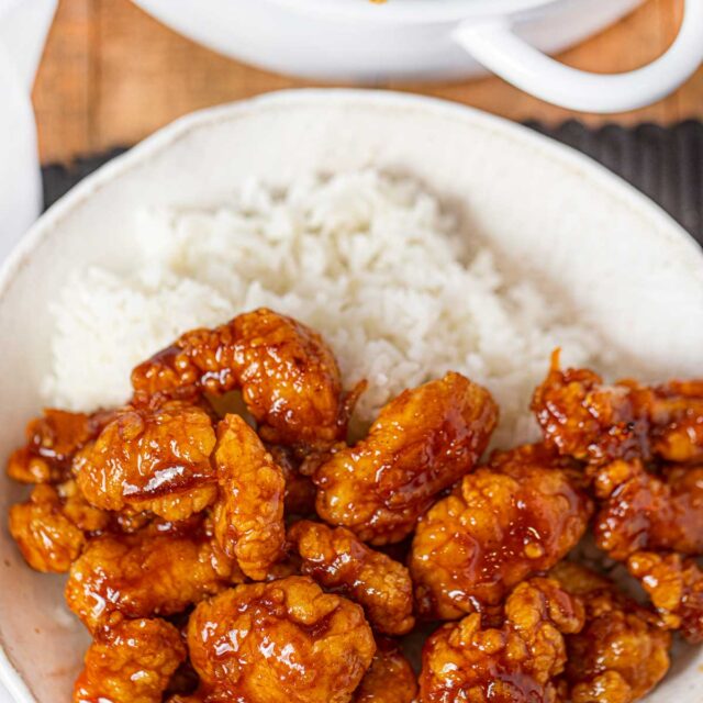 Orange Chicken with just 3 ingredients in bowl with white rice
