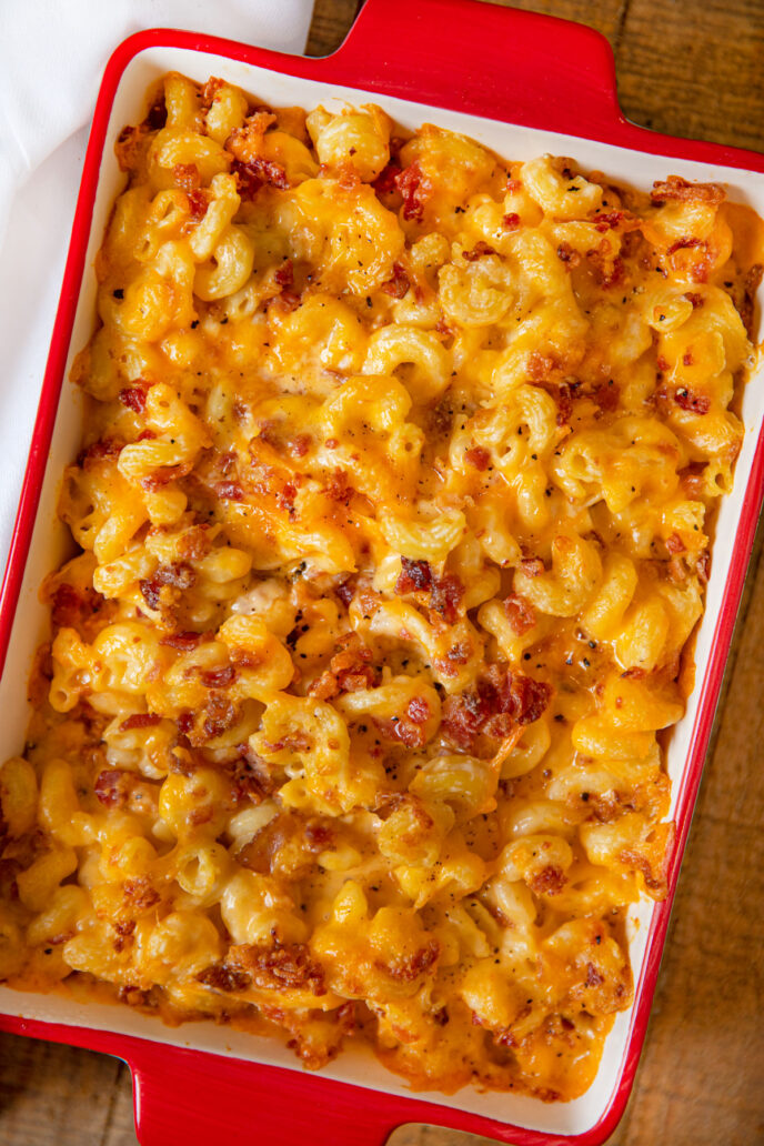 Red Baking dish of Bacon Mac and Cheese