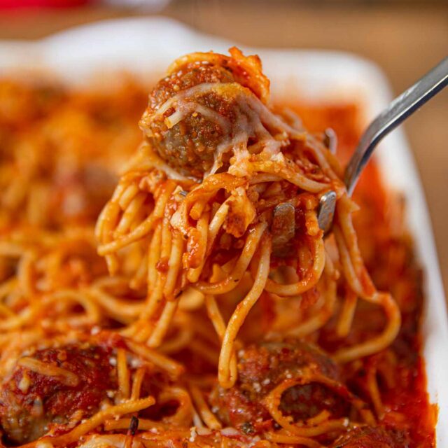 Scoop of Baked Spaghetti and Meatballs